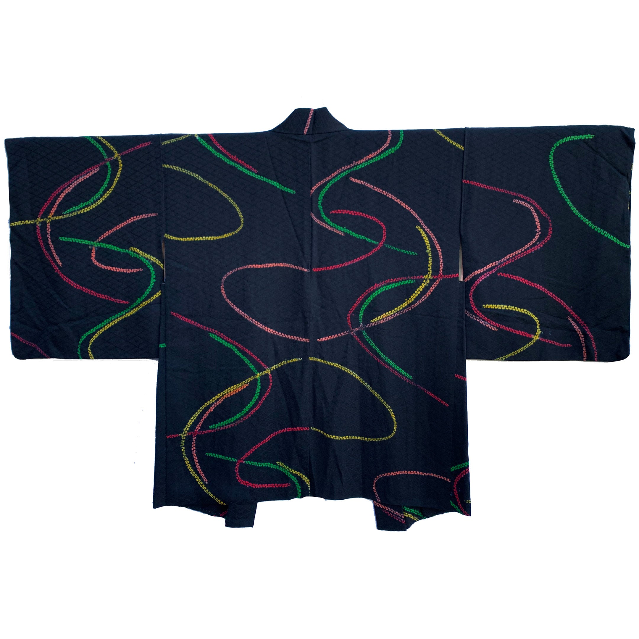 Black silk rinzu haori with colorful nui shibori lines | BORO BORO